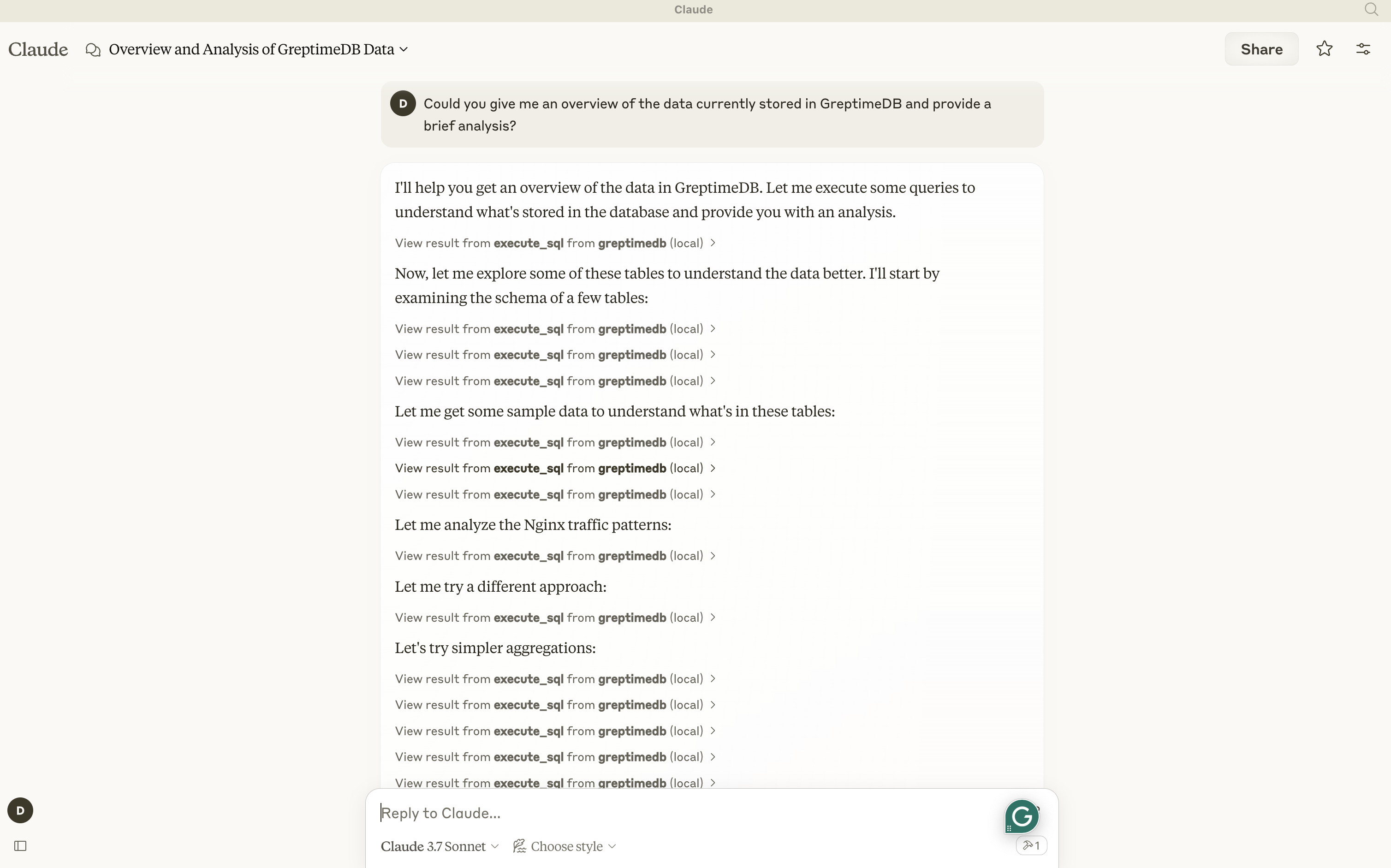 (Figure 1: Asking LLM Question in GreptimeDB)