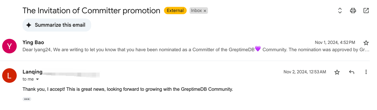 （Figure 2: GreptimeDB Inviting Lanqing Promoted to Committer）