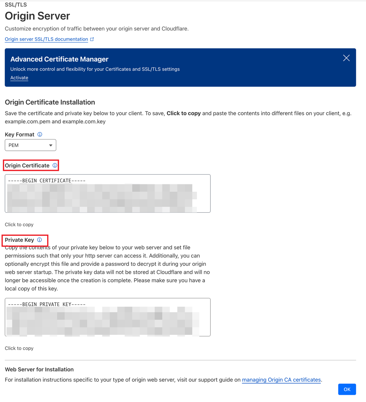 （(Figure 7: The certificate and private key generated by Cloudflare）