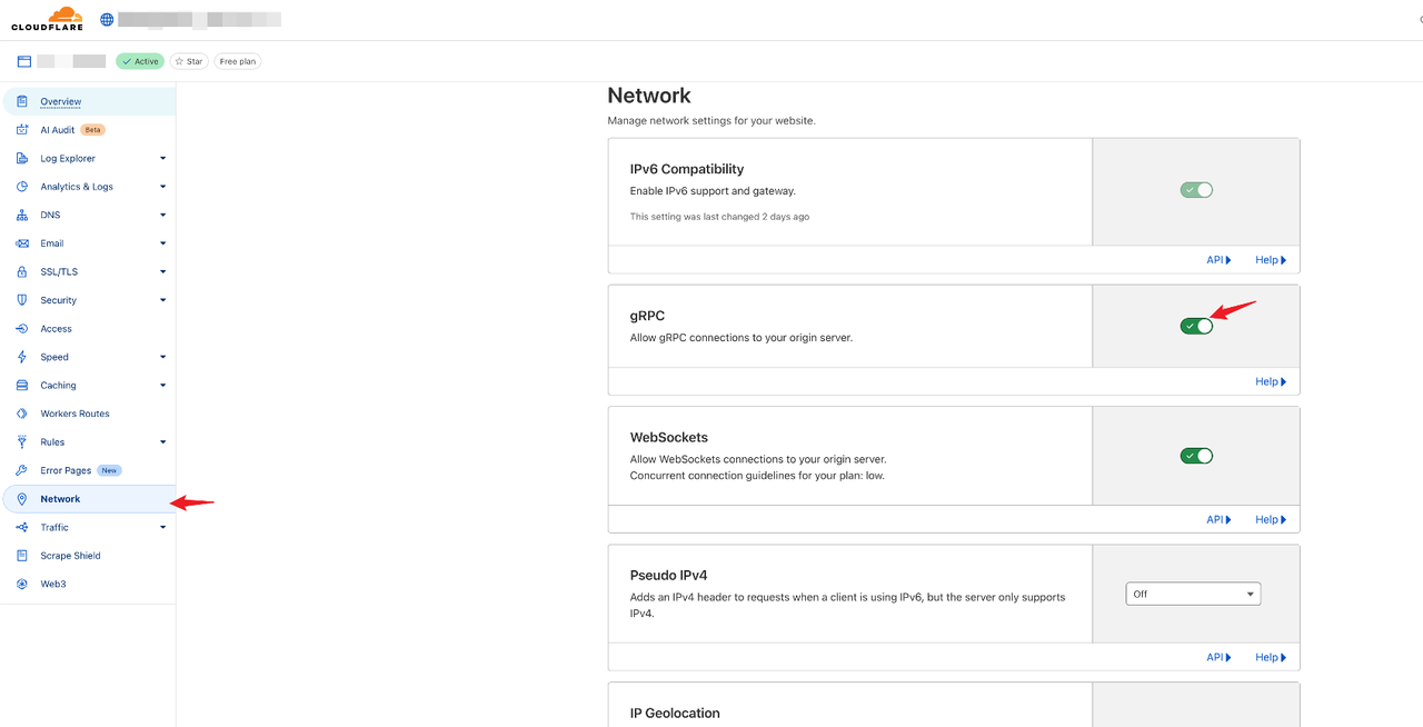 （Figure 3: Users manually enable the gRPC proxy on the domain's Network settings）