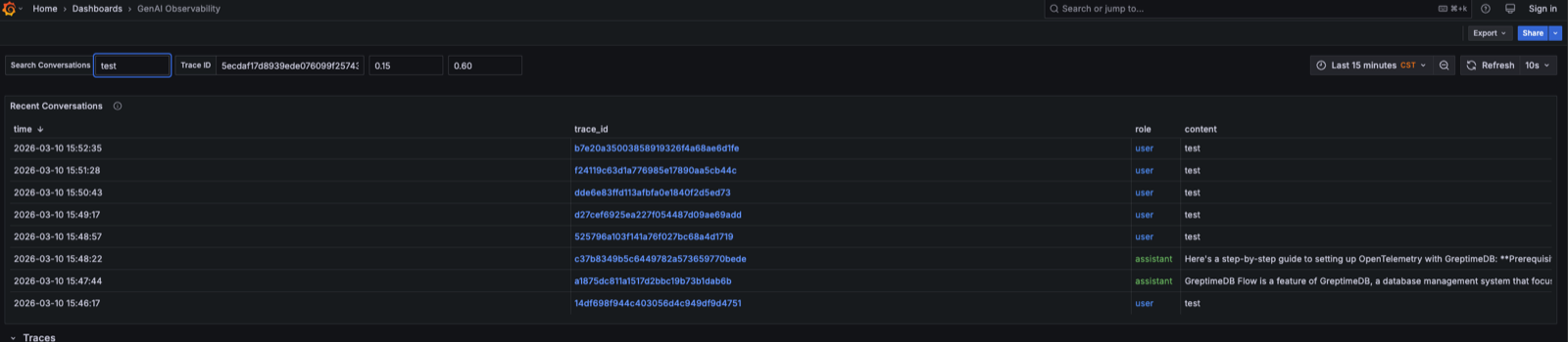 Conversation search: keyword search over prompt/completion history, each result linked to a trace_id
