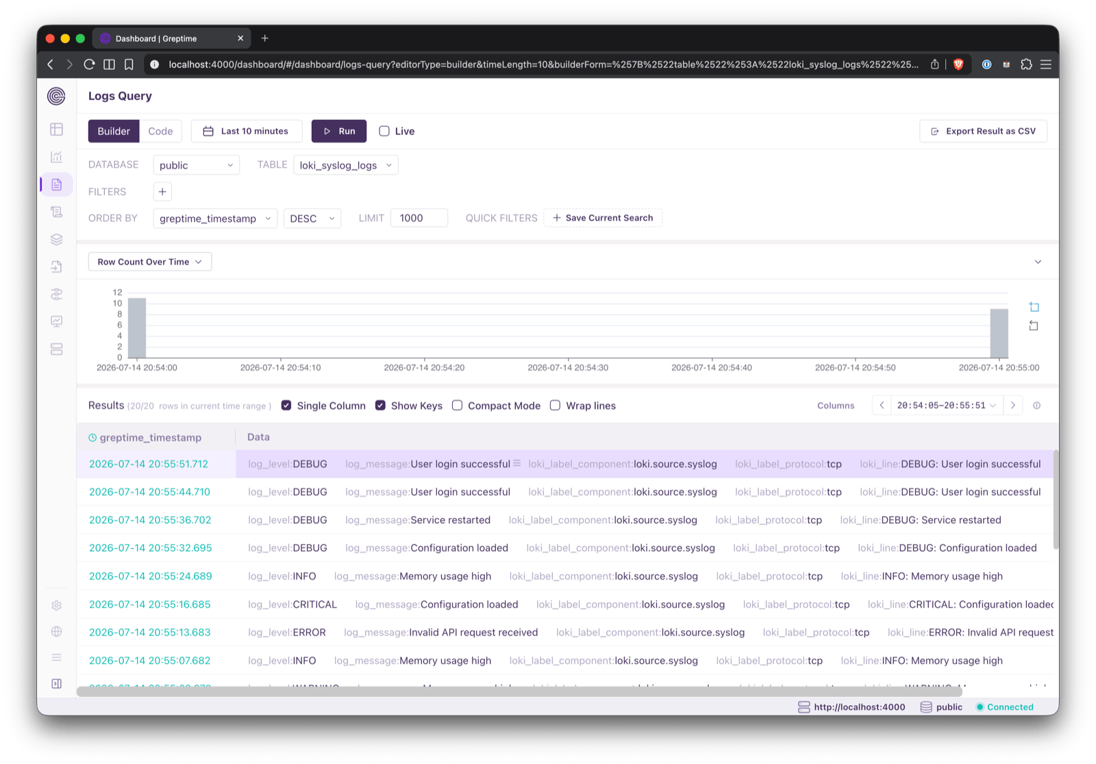 Logs Query showing structured columns in loki_syslog_logs
